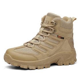 Large Size Combat Boots Men Desert Camping Non-slip Wear-resistant Sport High Top Footwear Outdoor Mountaineering Casual Shoes (Color: Beige, size: 40)