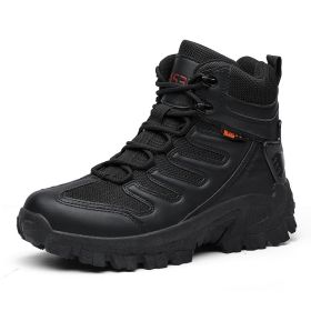 Large Size Combat Boots Men Desert Camping Non-slip Wear-resistant Sport High Top Footwear Outdoor Mountaineering Casual Shoes (Color: Black, size: 45)