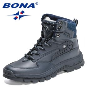 BONA 2022 New Designers High-Top Hiking Boots Men Action Leather Outdoor Wear-Resistant Non-Slip Snow Shoes Man Ankle Boots Soft (Color: Deep blue S gray, size: 10.5)