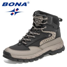 BONA 2022 New Designers High-Top Hiking Boots Men Action Leather Outdoor Wear-Resistant Non-Slip Snow Shoes Man Ankle Boots Soft (Color: Medium grey black, size: 8.5)