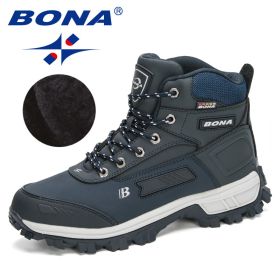 BONA 2022 New Arrival Pro-Mountain Ankle Hiking Boots Men Outdoor Sports Plush Warm High Top Walking Training Footwear Masculino (Color: Deep blue S gray, size: 10)